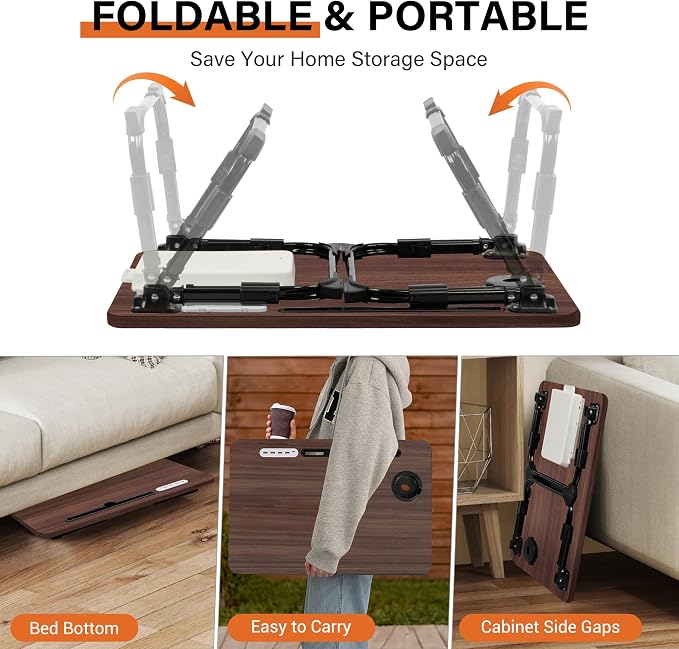 Lap Desk for Bed, Adjustable Laptop Desk with USB Charging Port, Storage Drawer & Bookshelf — Foldable Bed Desk for WFH & Students, 23.6" Desktop Fits 21" Laptop, Non-Slip, Walnut - Image 7