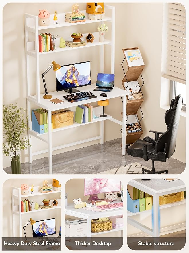 Aquzee Computer Desk with Hutch, 40“W x 19.6" D Desk with Shelves, Tall Home Office Desk with Bookshelf, Metal Legs Study Table with Upper Storage Shelf for Study Writing/Workstation, White - Image 4