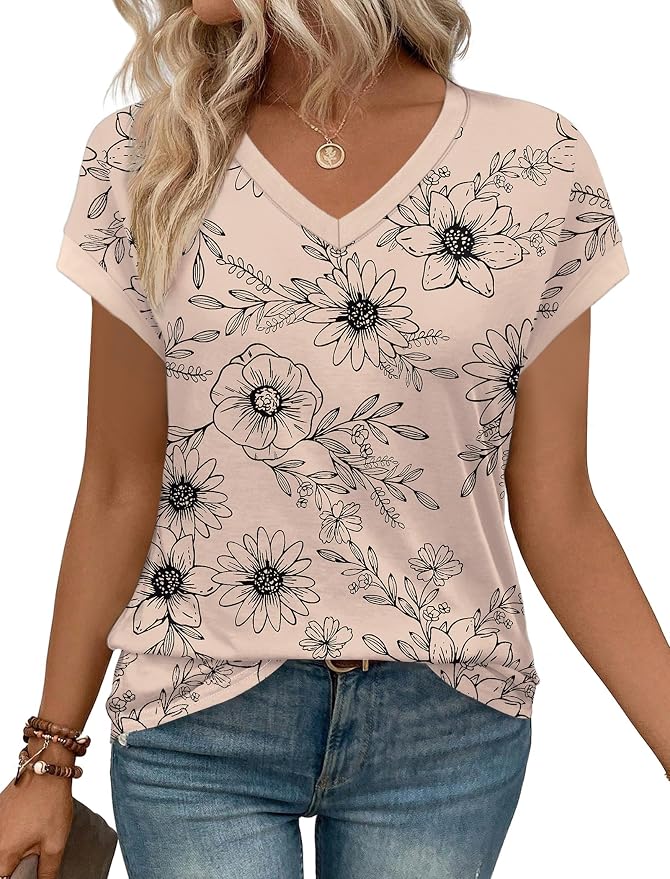 WIHOLL Womens Summer Tops 2026 Cap Short Sleeve Shirs V Neck T Shirts Fashion Beach Vacation Clothes Color Block - Image 2