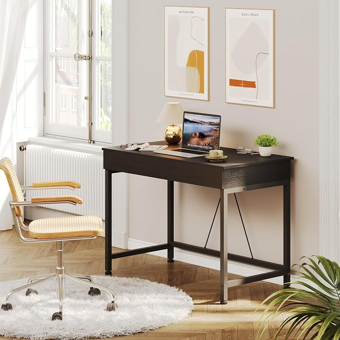 Mexin Small Black Desk with 2 Wooden Drawers, 40 Inch Home Office Writing Desk, Black Vanity Desk with Storage, Computer Desk for Bedroom Small Spaces, Table for Office, Work, Kids Study, Makeup - Image 8
