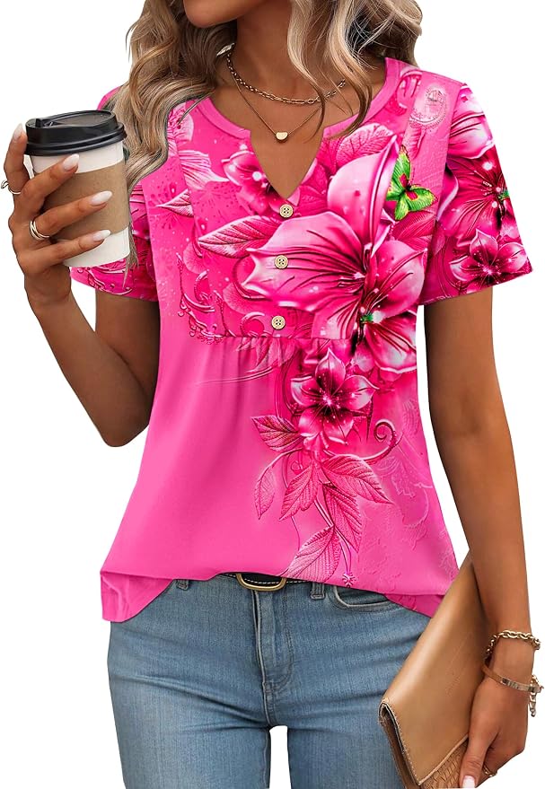 Zeagoo Womens Short Sleeve Tops Summer Henley V-Neck Tshirts Casual Pleated Blouse Dressy Loose Floral Basic Tee - Image 2