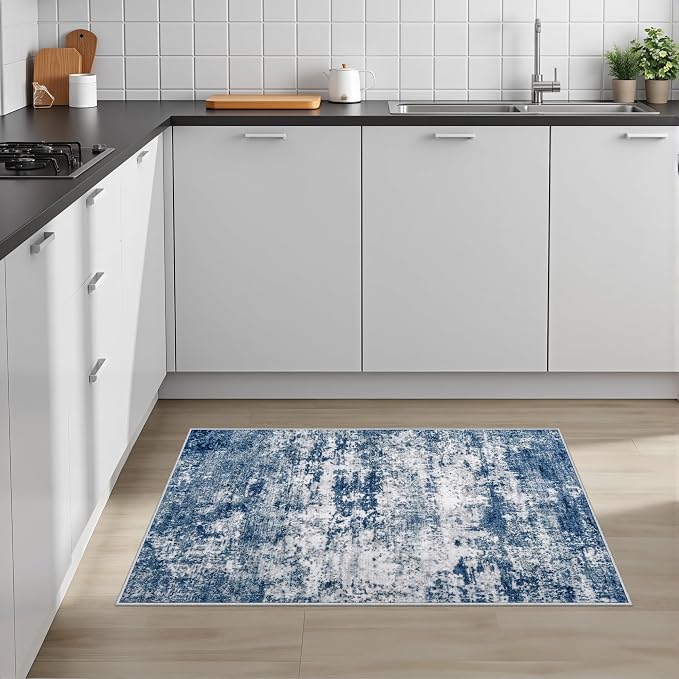 Washable Area Rug 2x3 Entryway Rug: Washable Modern Abstract Soft Thin Rug Indoor Floor No Slip Stain Resistant Carpet for Bedroom Dining Room Farmhouse Nursery Home Office - Blue - Image 3