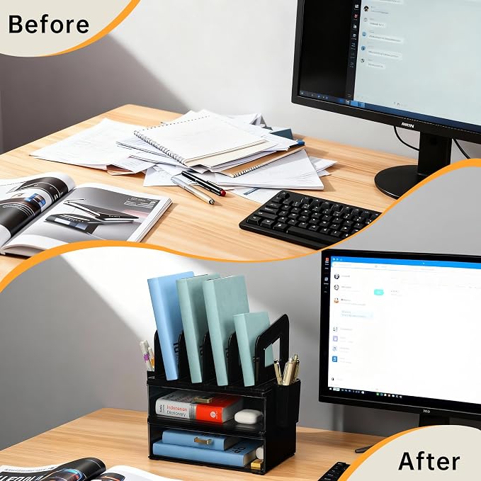 CiWiVOKi Desk Organizer with 4 File Slots and 2 Drawers, Black | File organizer with dual pen holders and storage compartments for mail, documents and office supplies - Image 4