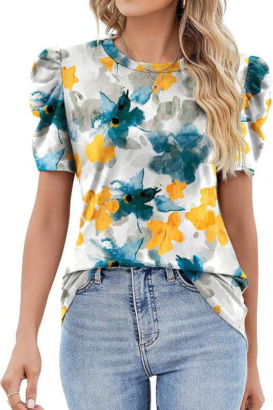 Ivicoer Puff Short Sleeve Shirt for Women Eyelet Tops Summer Crewneck Blouse Loose Fit S-XXL by Ivicoer