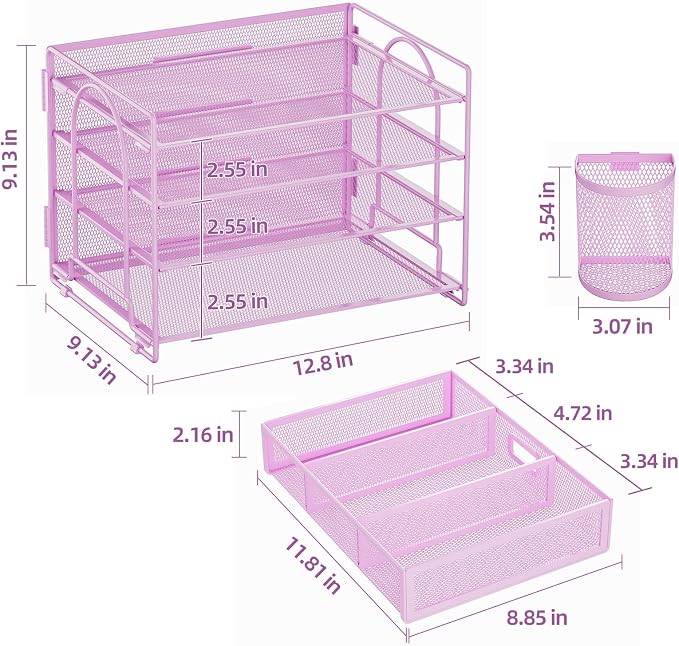 Marbrasse Desk Organizer, 4-Tier Paper File Letter Tray, Purple-2P | Sturdy Paper Tray, File Holder, Built-in Drawer, 2 Pen Slots, fits Letters/Files, for School Home Office Supplies - Image 4