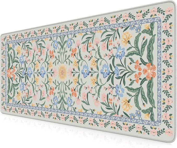 iCasso Aesthetic Desk Mat,31.5x11.8 Mouse Pads,Green Floral | Anti-Slip Mousepad with Stitched Edges, Waterproof Computer Pad, Green Desk Accessories Office Decor for Women by iCasso