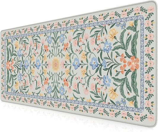 iCasso Aesthetic Desk Mat,31.5x11.8 Mouse Pads,Green Floral | Anti-Slip Mousepad with Stitched Edges, Waterproof Computer Pad, Green Desk Accessories Office Decor for Women by iCasso