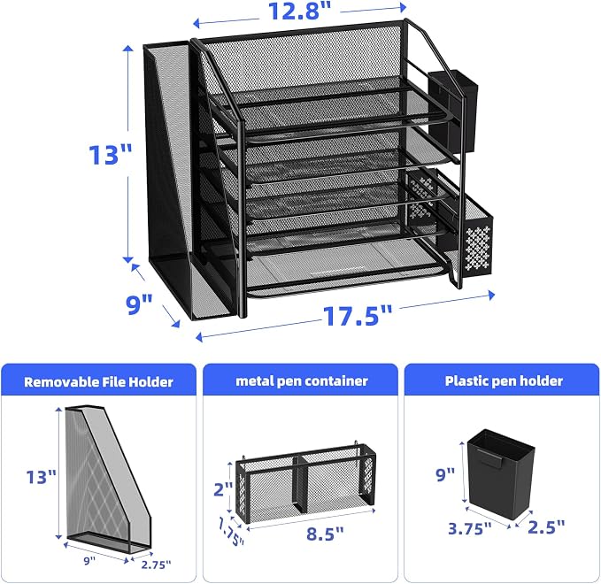 Simple Trending 5-Tier Desk File Organizer, Paper Organizer, Black | Adjustable Letter Trays, Pen Holder & File Shelf, Durable Steel Mesh, Space Saving, for Home Office, 17.5"L x 9"W x 13"H - Image 4