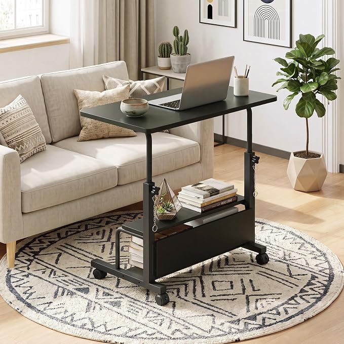 OLIXIS Rolling Desk, Storage Shelves, Laptop Table, Home Office | Height Adjustable Design, Computer Desks on Wheels, Portable for Small Spaces Use, Black - Image 2