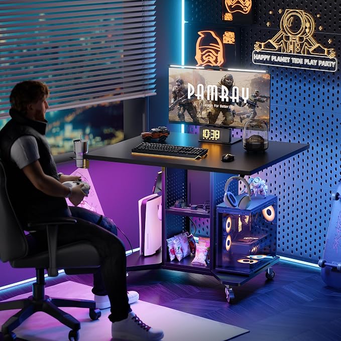 Pamray Small Gaming Desk Rolling Computer Table Balck | Movable, with Led Lights Power Outlets, with Storage Pegboard and Hook, Sturdy, Suitable for Study Gaming Bedroom Dorm - Image 2