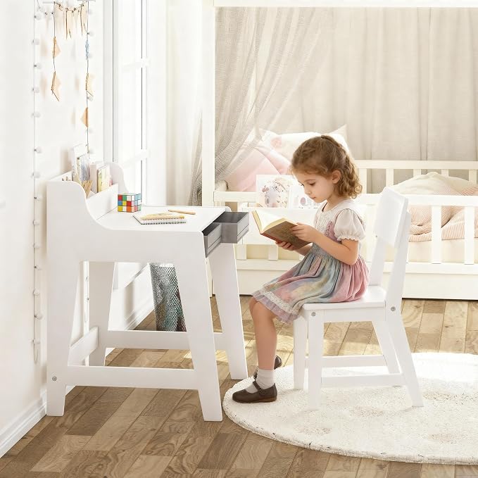 UTEX Wooden Kids Desk and Chair Set with 2 Fabrics Drawers for Study Room | Kids Study Desk with Stand-up Organizer, Water-based Paint, Student Writing Desk for Bedroom - Image 3