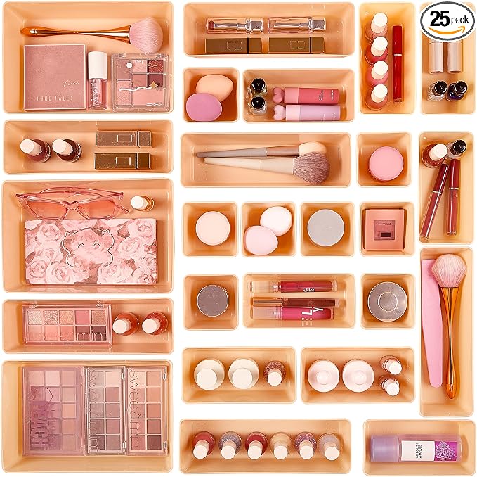 Vtopmart 25 Pack Plastic Drawer Organizers with Non-slip Rubber Pads | 4-Size Versatile Makeup Organizer, Storage Containers Small Bins for Makeup, Jewelries, Bedroom, Kitchen Utensils and Office by Vtopmart