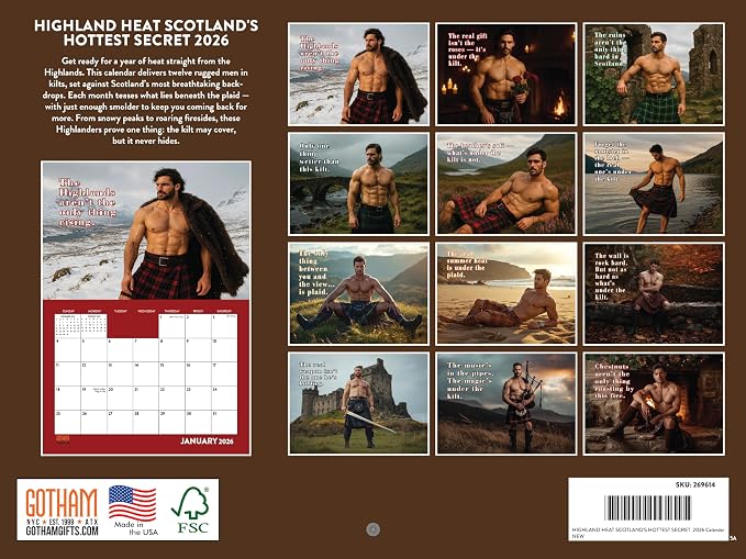 Hot Scottish Men In Kilts Calendar 2026 Monthly Wall Calender 12 Month | American Made In The USA - Image 2