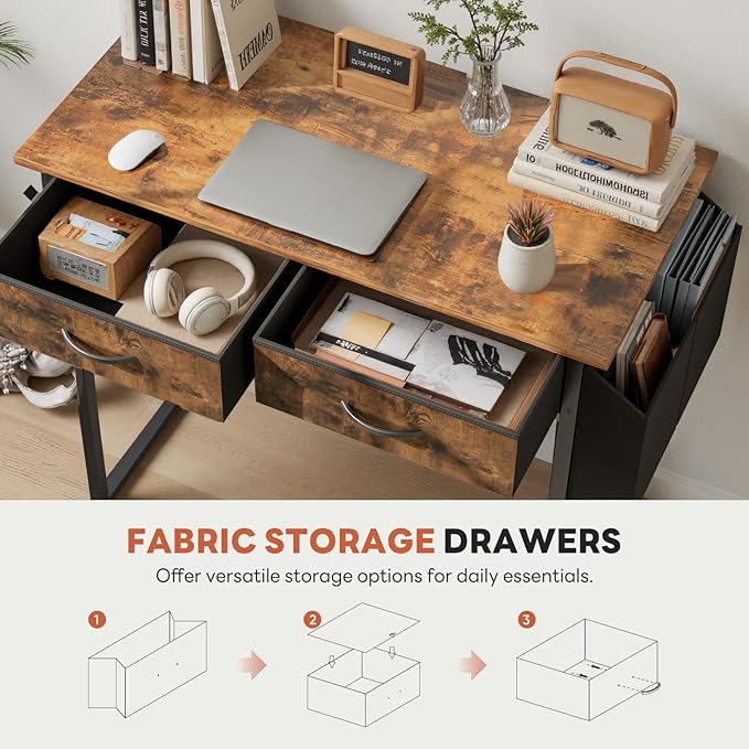 DUMOS 32" Home Office Computer Desk with Drawers, Small Gaming Writing Study Table with Storage Side Bag, Headphone Hook and Adjustable Feet for Bedroom Rustic Brown - Image 6