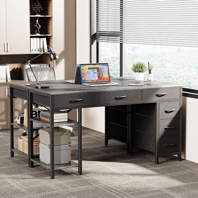 Huuger Computer Desk with 6 Drawers, Office Desk with Shelves, Reversible Gaming Desk, Corner Desk with Storage, Work for Home Office, Study, Living Room, 47inch, Grey - Image 7