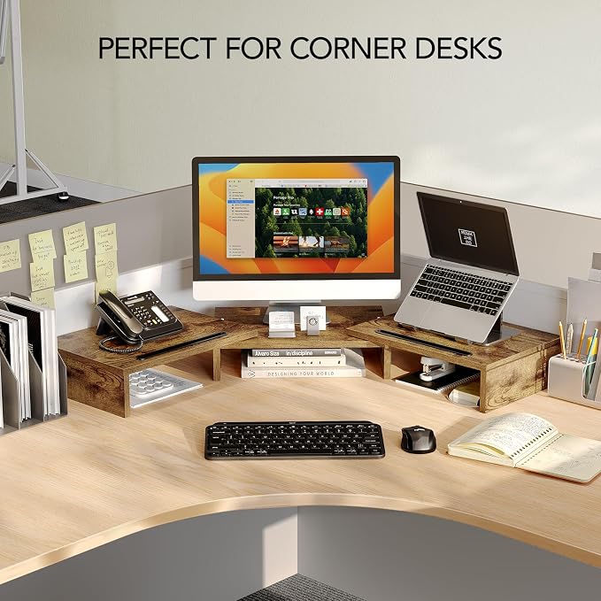 AMERIERGO Dual Monitor Stand Riser- 3 Shelf Screen Stand with Adjustable Length and Angle, 2 Extra Functional Slot Desktop Organizer Stand for PC, Computer, Laptop (Rustic Brown) - Image 7