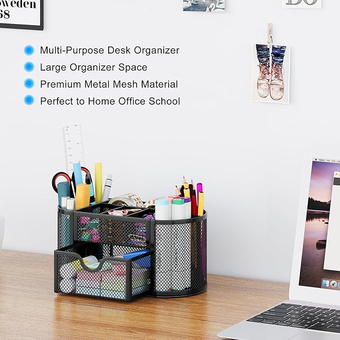 EasyPAG Mesh Pen Holder Desk Organizer with Drawer Stationery Supplies Organizer for Dorm School 9 Compartments Workspace Desk Accessories Organization for Office, Black - Image 3