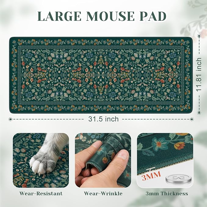 iCasso Aesthetic Floral Desk Mat,Retro Mouse Pads,31.5x11.8in,Deep Green | Anti-Slip Mousepad with Stitched Edges, Waterproof Computer Pad, Desk Accessories Office Decor for Women - Image 2
