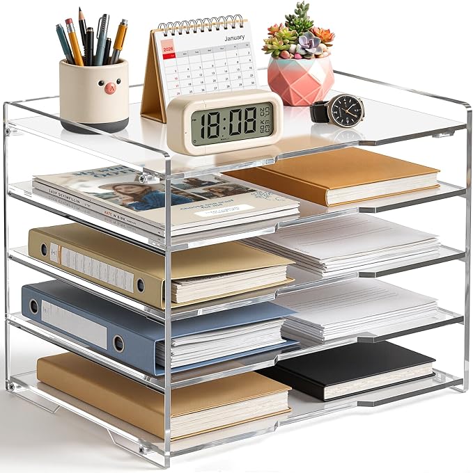KKU 5 Tier Clear Acrylic Desk Organizer, Letter Tray Paper File Desk Organizer and Accessories For Office Supplies by KKUprotectanddisplayyourtreasures