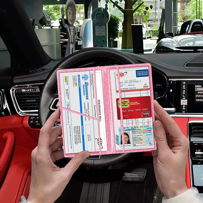 TOURSUIT Car Registration & Insurance Card Holder, Glitter Pink | Vehicle License Document Organizer, Glove Box Compartment, Interior Car Accessories, For Women Men - Image 5