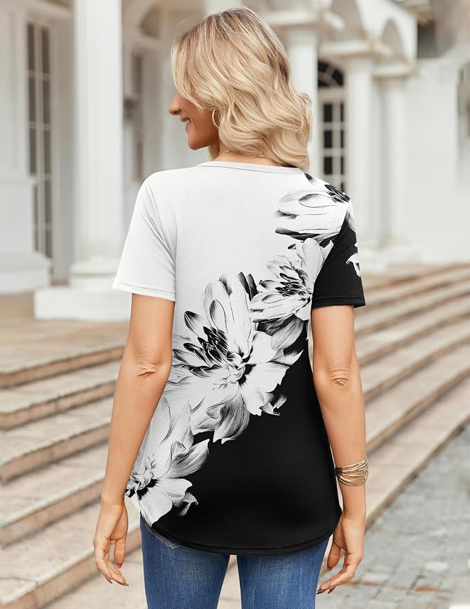 Zeagoo Womens Short Sleeve Tops Summer Henley V-Neck Tshirts Casual Pleated Blouse Dressy Loose Floral Basic Tee - Image 6