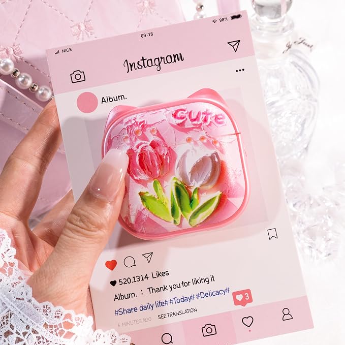 for AirPods 4 Case with Cleaning Kit, Cute Cat Ear Print Design & Cute Buckle, Inverted Phone Holder Design, Top Safe Lock Buckle Design, for Girls AirPods 4 case 2024, Tulip - Image 4