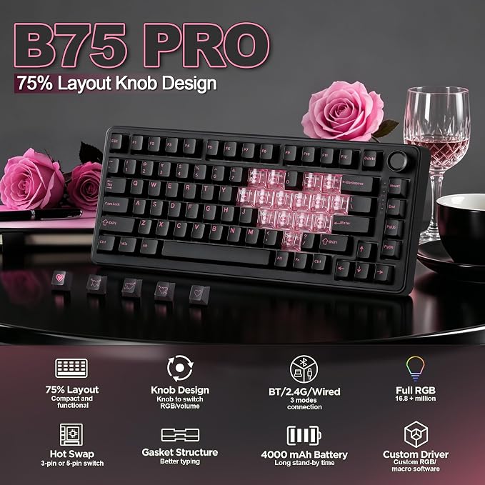 YUNZII B75 PRO 75% Wireless Mechanical Keyboard (Black Heart, CocoaV2) | Hot Swap Keyboard with Knob, Gasket Mount, Creamy Pre-lubed Switch for Smooth Typing, BT/USB-C/2.4G, for Gaming - Image 2