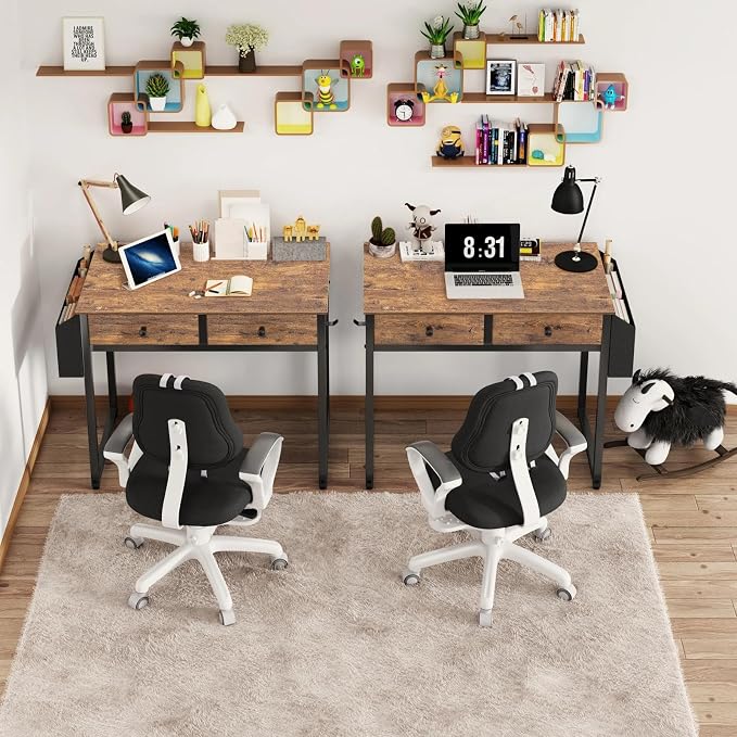 Lufeiya Small Computer Desk with 2 Drawers for Bedroom, 31 Inch Home Office Desk with Storage Fabric Drawer and Bag, Study Writing Table for Small Spaces, Rustic Brown - Image 4