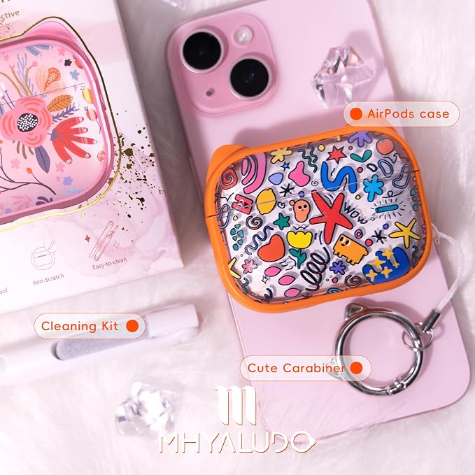 for AirPods Pro 2 Case with Cleaning Kit, Cute Cat Ear Print Design & Cute Buckle for Girls, Phone Holder & Top Safe Lock Buckle Design for AirPods Pro 2nd/1st Gen case, Orange Seaworld - Image 7