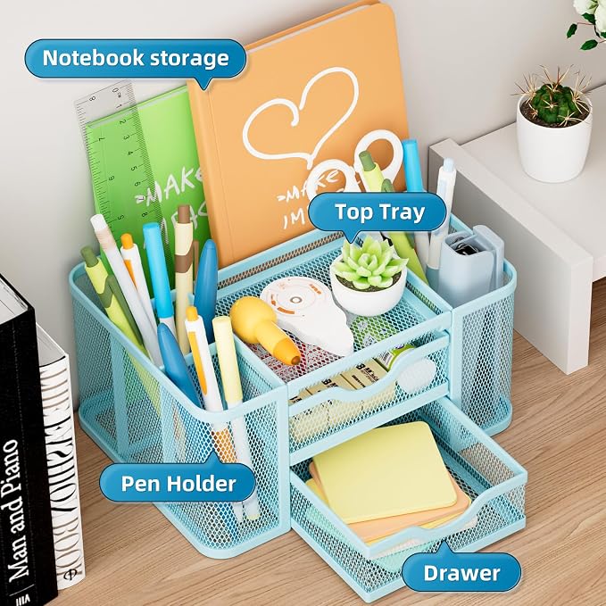 Marbrasse Mesh Desk Organizer, Pen Organizer with 2 Drawer, Multi-Functional Pencil Holder, Desk Organizers and Accessories with 5 Compartments + Drawer for Office Art Supplies (Blue) - Image 2