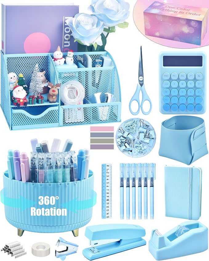 LXEVIHK 20Pcs Blue Desk Organizers and Accessories With Mesh Desk Organizer and 360°Rotating Pen Holder and a Lot of Office Blue Office Supplies Beautifully Presented in a Gift Box by StyleYourDeskinOneColor