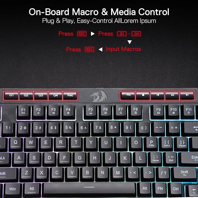 Redragon K515 Shiva Wired RGB Membrane Gaming Keyboard, 98 Keys Mechanical-Feel Keyboard w/Smooth Linear Switch, On-Board Macro & Dedicated Multimedia Keys, Detachable Wrist Rest, Software Supported - Image 3