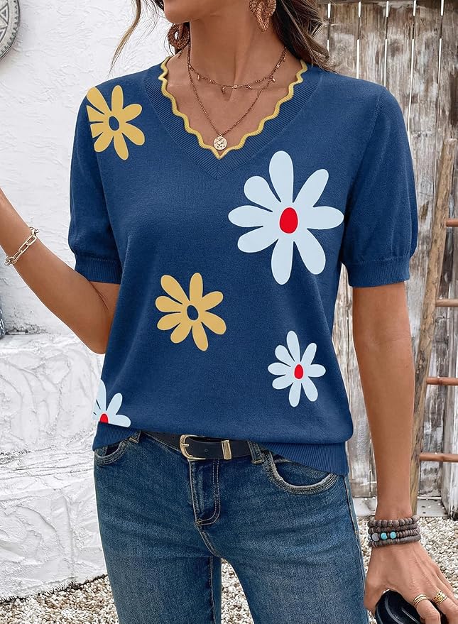 Dokotoo Womens Summer Short Sleeve Knit Tops 2026 Spring Trendy Casual V Neck Striped Sweater Blouses - Image 2