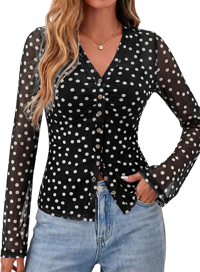 BTFBM Button Down Shirts for Women 2026 Fall Boho Tops V Neck Long Sleeve Blouses Ruched Mesh Fitted Fashion Clothing - Image 6