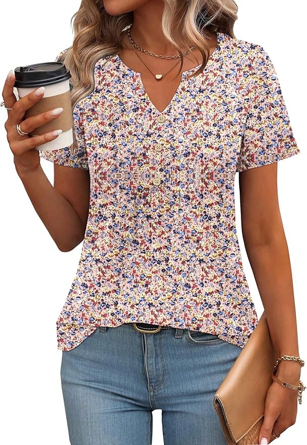 Zeagoo Womens Short Sleeve Tops Summer Henley V-Neck Tshirts Casual Pleated Blouse Dressy Loose Floral Basic Tee by Zeagoo