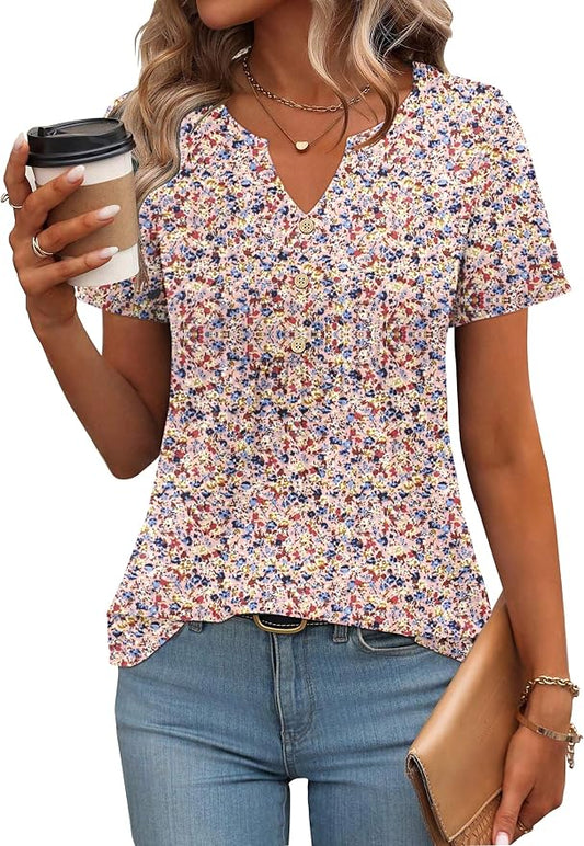 Zeagoo Womens Short Sleeve Tops Summer Henley V-Neck Tshirts Casual Pleated Blouse Dressy Loose Floral Basic Tee by Zeagoo