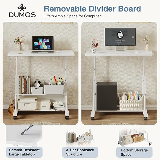 DUMOS Rolling Desk, Storage Shelves, Laptop Table, Home Office | Height Adjustable Design, Computer Desks on Wheels, Portable for Small Spaces Use, White - Image 5