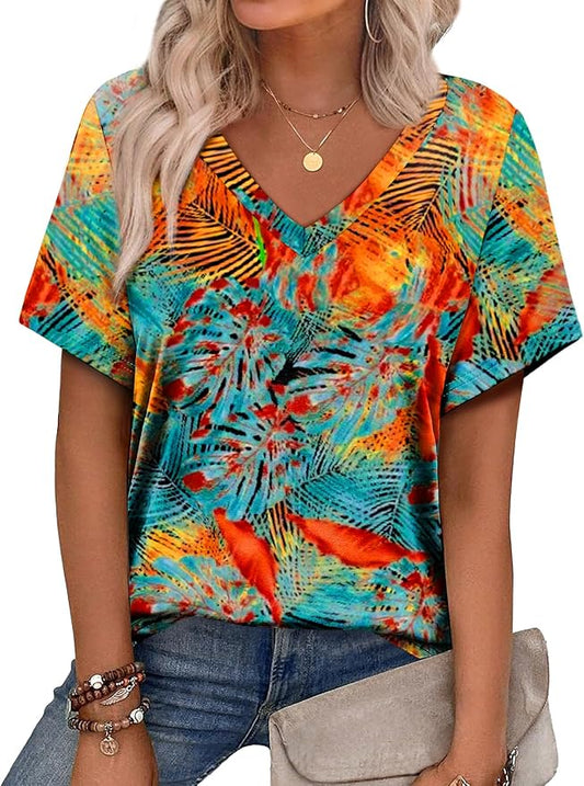 Alaroo Womens Summer Tops 2026 V Neck Short Sleeve Shirts Trendy Dressy Casual Vacation Outfits Printed by Alaroo