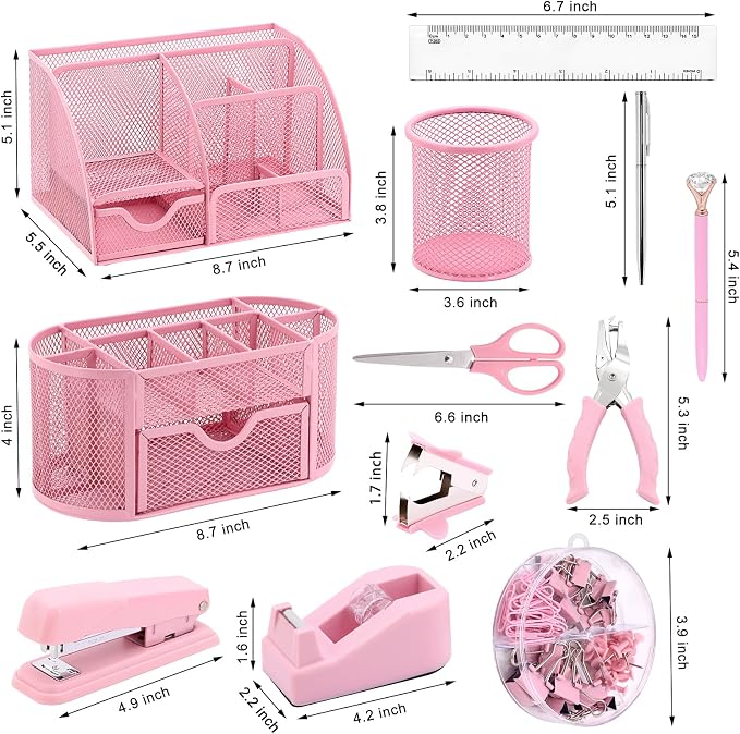 17 in 1 Pink Desk Organizers and Accessories Set, 3 Office Desk Supplies Storage Organization, 4 Pens, Stapler, Staples & Remover, Tape & Dispenser, Scissors, Ruler, Clips, Hole Punch, Back to School - Image 2