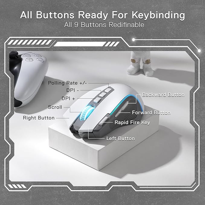 Redragon M612 Wireless RGB Optical Gaming Mouse 8000 DPI Remapping Keys | Cable-Free 0 Delay, Redefine Keybinding Macro, Vibing Backlight, Ergonomic Grip Body Comfort - Image 5