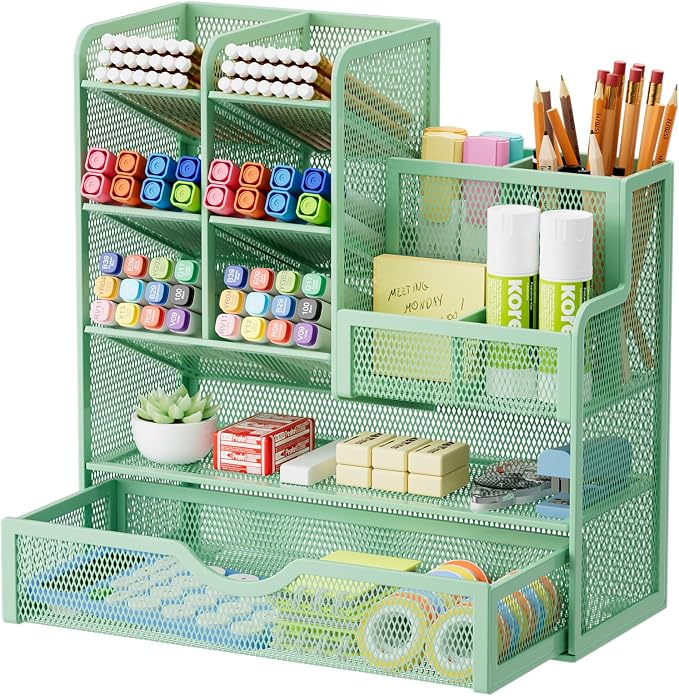 Marbrasse Mesh Pen Holder for Desk, Multi-Functional Pencil Organizer with Drawer, Desk Organizers and Accessories for Office Art Supplies (Green) by Marbrasse