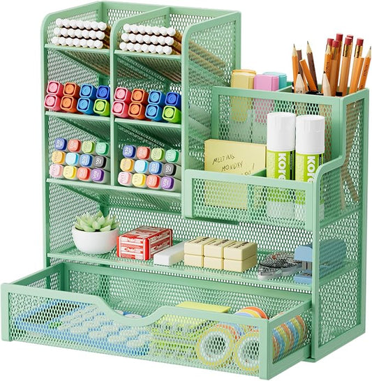 Marbrasse Mesh Pen Holder for Desk, Multi-Functional Pencil Organizer with Drawer, Desk Organizers and Accessories for Office Art Supplies (Green) by Marbrasse
