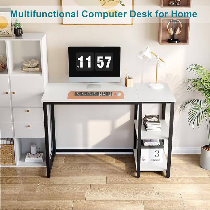 SINPAID Computer Desk 47 inches with 2-Tier Shelves Sturdy Home Office Desk with Large Storage Space Modern Gaming Desk Study Writing Laptop Table, White Desk - Image 3