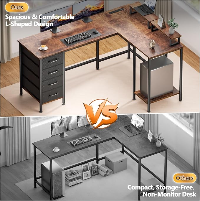 Korfile 59 inch L Shaped Computer Desk with Power Outlets, Rustic Brown | Ideal for Home Office, Bedroom, Corner, 4 Adjustable Storage Drawers, 2 Monitor Stands, Reversible, Two Person Gaming Table - Image 5