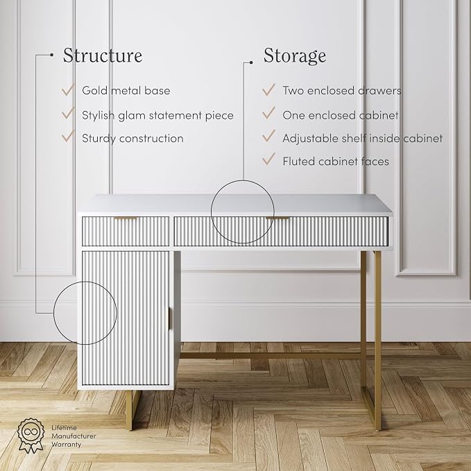 Nathan James Jacklyn White Modern Computer Desk, Workstation or Writing Desk for Small Spaces with Drawers and Cabinet Storage, White/Pale Gold - Image 4