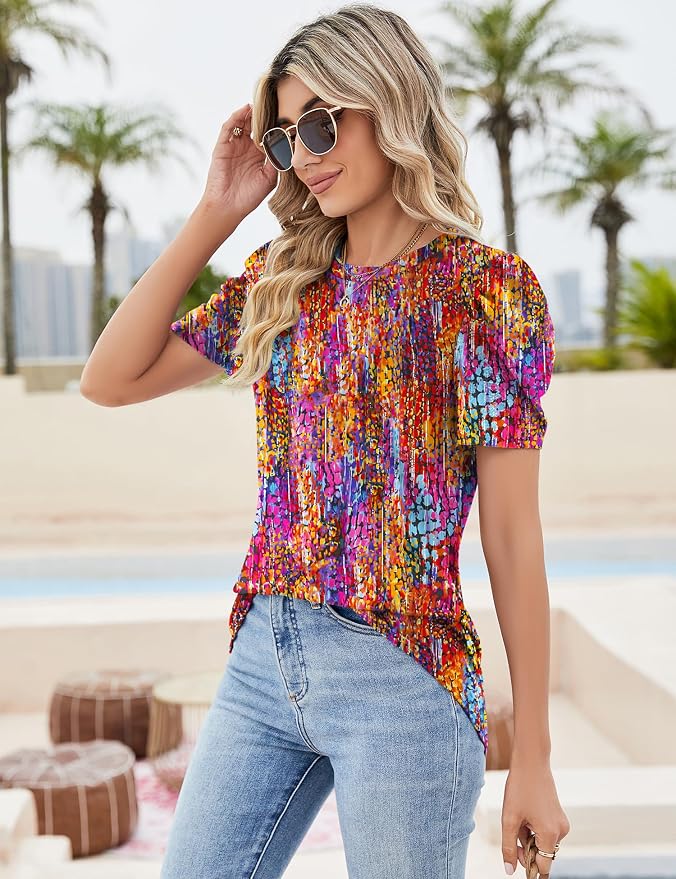 Ivicoer Puff Short Sleeve Shirt for Women Eyelet Tops Summer Crewneck Blouse Loose Fit S-XXL - Image 4