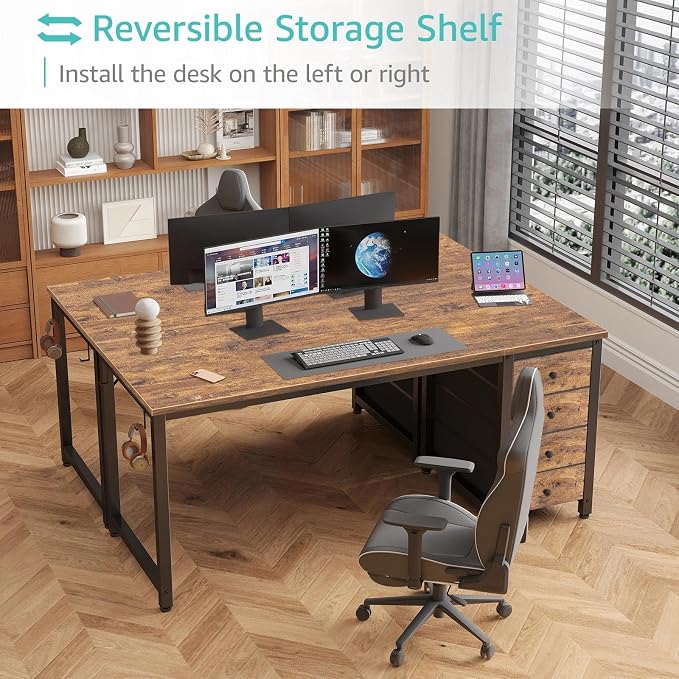 Lufeiya Computer Desk with Drawers - 55 Inch Long Study Work Writing Desk for Home Office Bedroom, Reversible Simple Modern Cute PC Desks with Fabric Drawer, Rustic Brown - Image 4