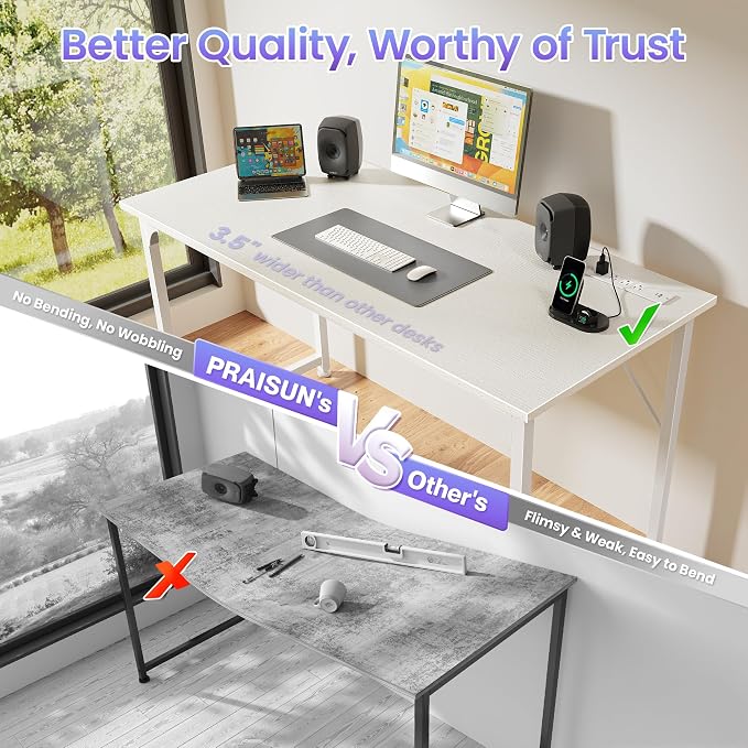 PRAISUN 47 X 20 Inch Computer Desk, Power Outlets, USB-C, White | Office Desk with 4 AC Outlets, USB & USB-C, Sturdy Metal Frame, Spacious Desktop for Work, Writing, Study & Gaming - Image 5