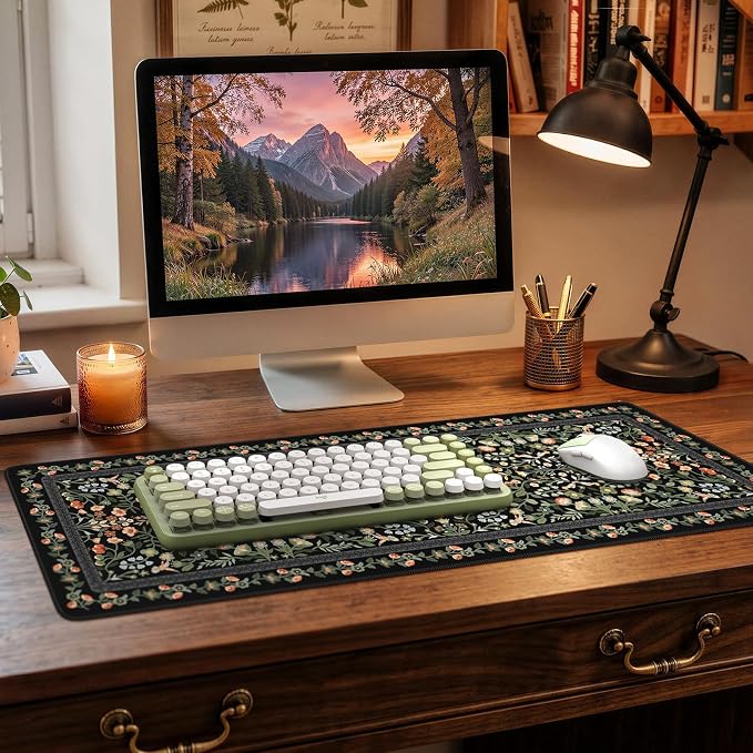 iCasso Aesthetic Floral Desk Mat,Retro Mouse Pads,31.5x11.8in, Black | Anti-Slip Mousepad with Stitched Edges, Waterproof Computer Pad, Desk Accessories Office Decor for Women - Image 9