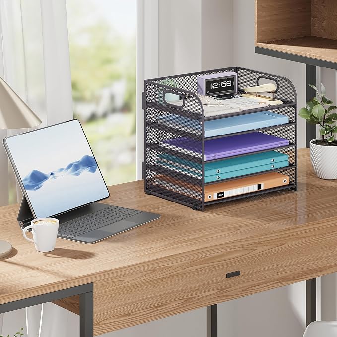 Cawukege 5 Tier Paper Organizer with Handle, Grey Metal Mesh Desk Organizer File Folder Paper Letter Tray Desktop Document Sorter for Classroom, School, Office Accessories Organization and Storage - Image 8